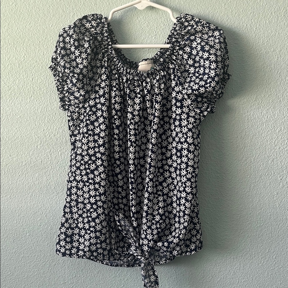 Lily Bleu Girls Navy Floral Puff Sleeve Top with Front Tie - Size 10